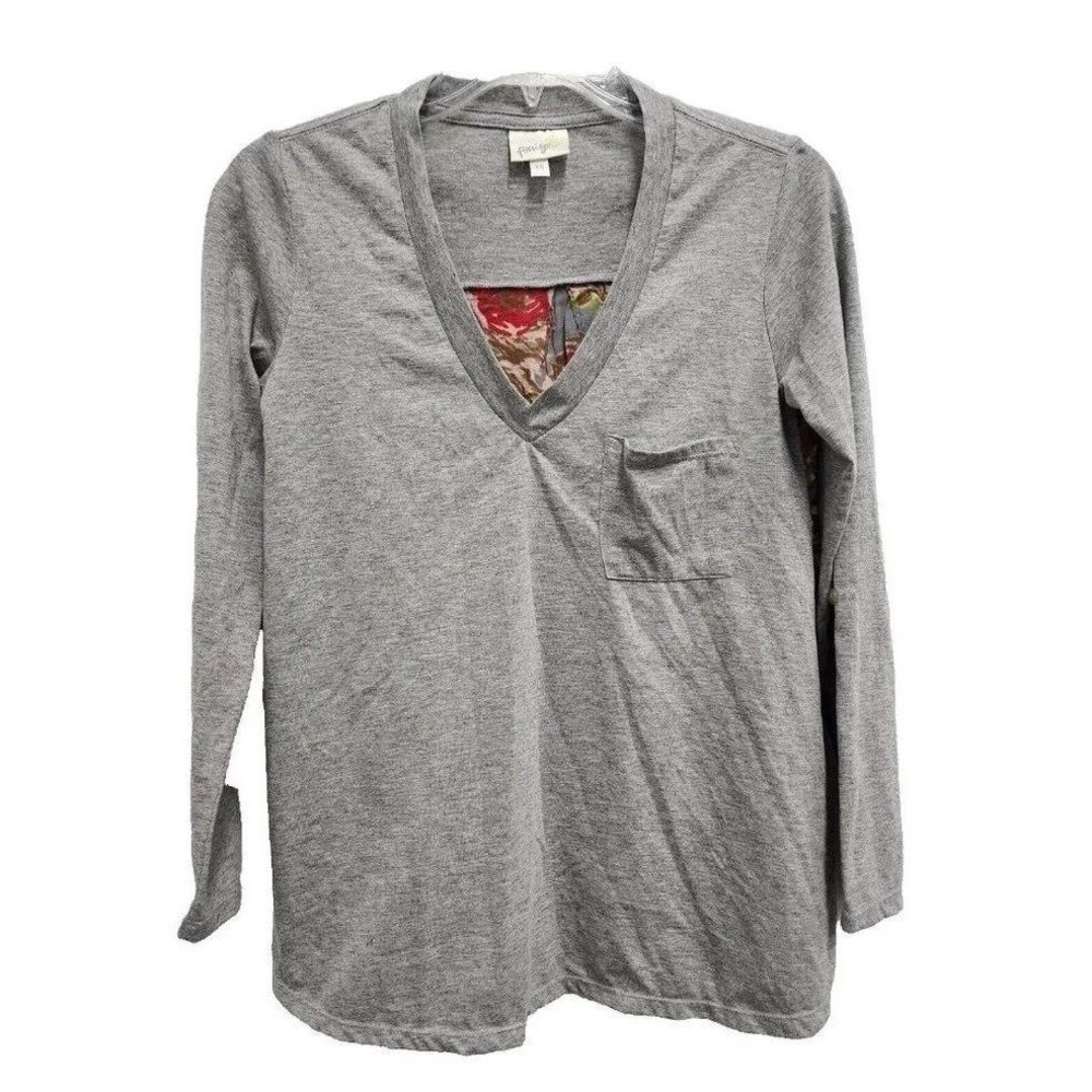 Anthropologie Porridge Floral Back V-Neck Top Women XS Gray Red Long Sleeve BOHO